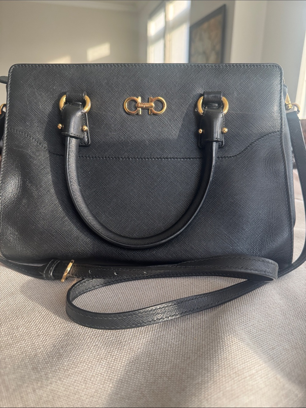 Salvatore Ferragamo Gancini Black Saffiabo Leather Satchel Crossbody Tote Bag